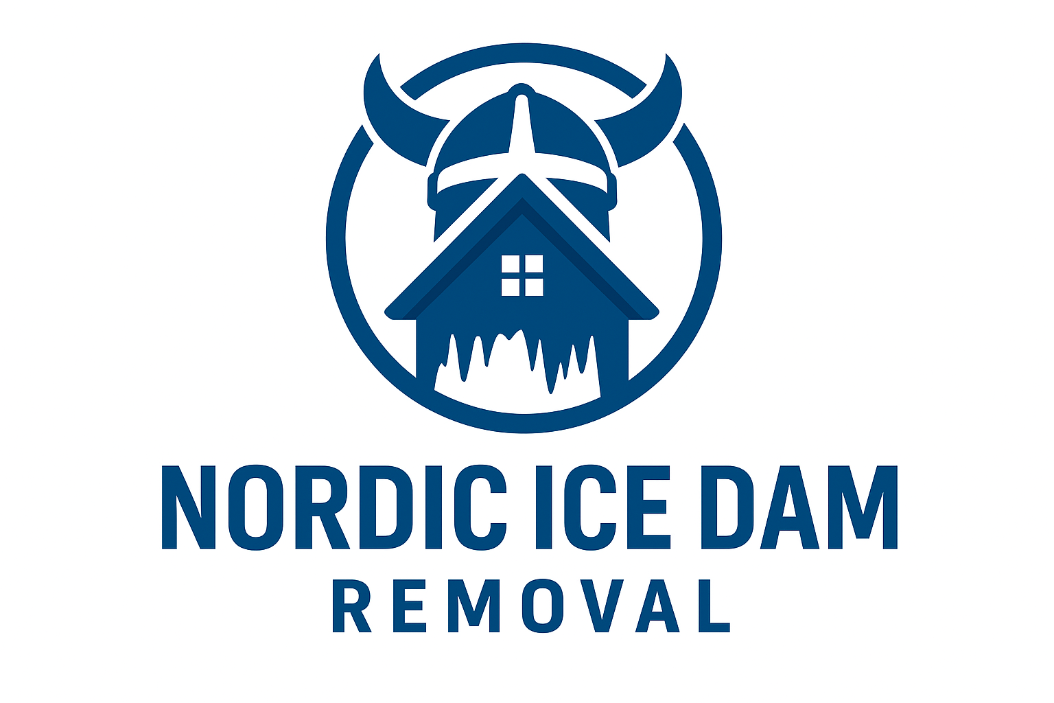 Logo for Nordic Ice Dam Removal featuring a Viking helmet with a house beneath it and the text "Nordic Ice Dam Removal" below.