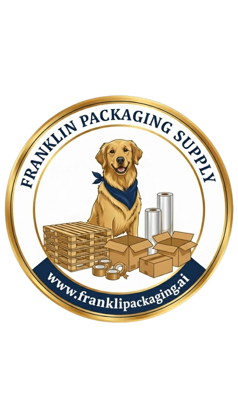 Circular logo for Franklin Packaging Supply featuring a happy golden retriever dog wearing a blue bandana, surrounded by boxes, tape rolls, pallets, and packaging materials. The logo includes the text 'Franklin Packaging Supply' at the top and the website 'www.franklipackaging.ai' at the bottom.
