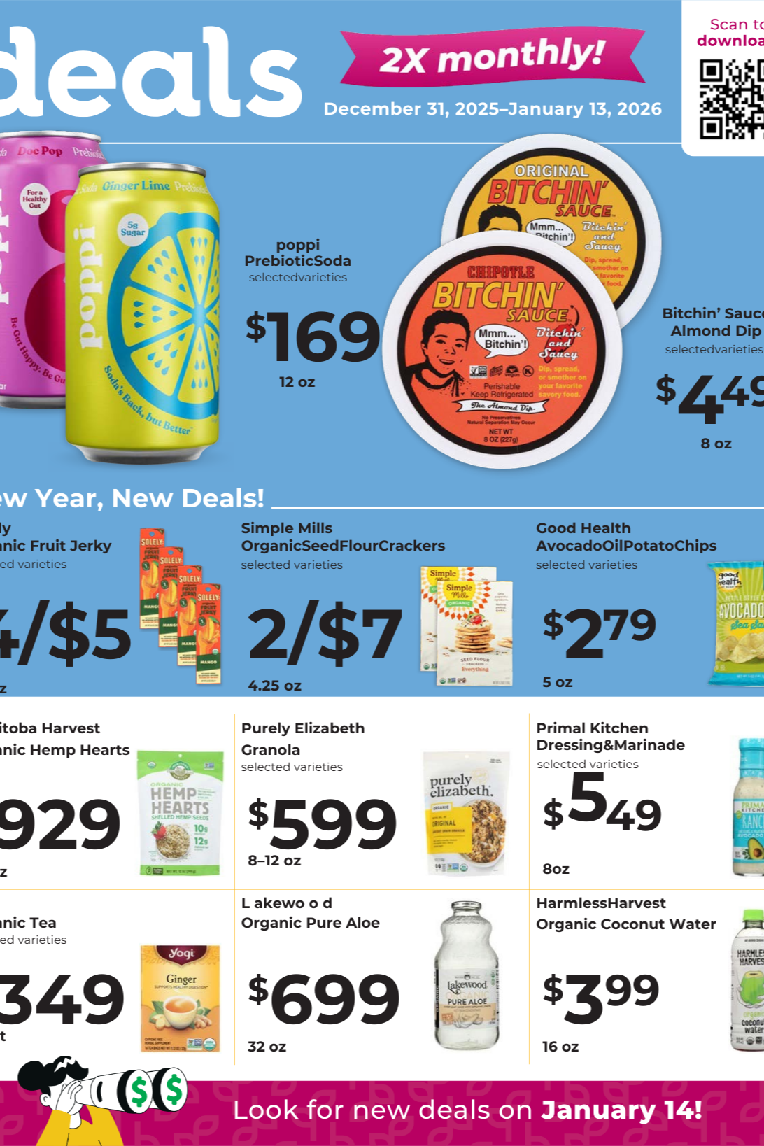 Promotional flyer with weekly deals on snacks and beverages, including organic shredded cheese, poppi prebiotic soda, various chocolate and fruit bars, potato crisps, tortilla chips, crackers, mushroom elixir, spring water, and coconut water.