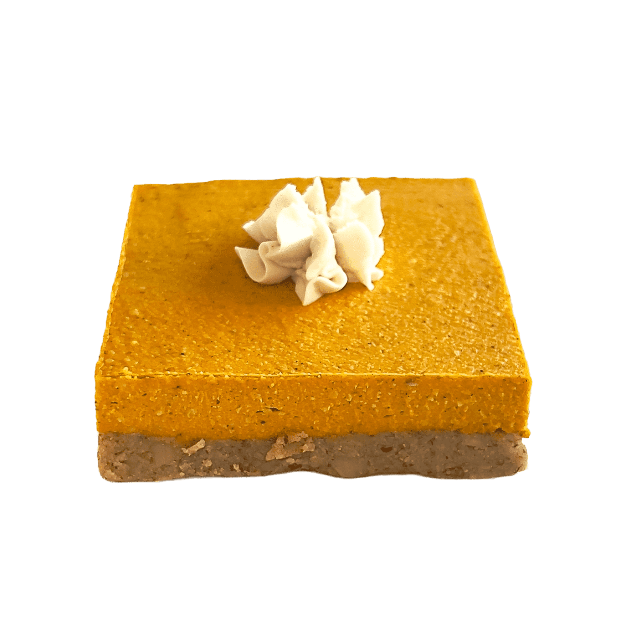 “Raw” Pumpkin Pie Square:
Base [Organic GF Oat Flour, Org. Walnuts, Almond Flour, Maple Syrup, Himalayan Pink Salt, Vanilla Extract], Pumpkin Filling [Org. Pumpkin (not raw), Org. Cashews, Coconut Oil, Maple Syrup, Vanilla Extract, Himalayan Pink Sal