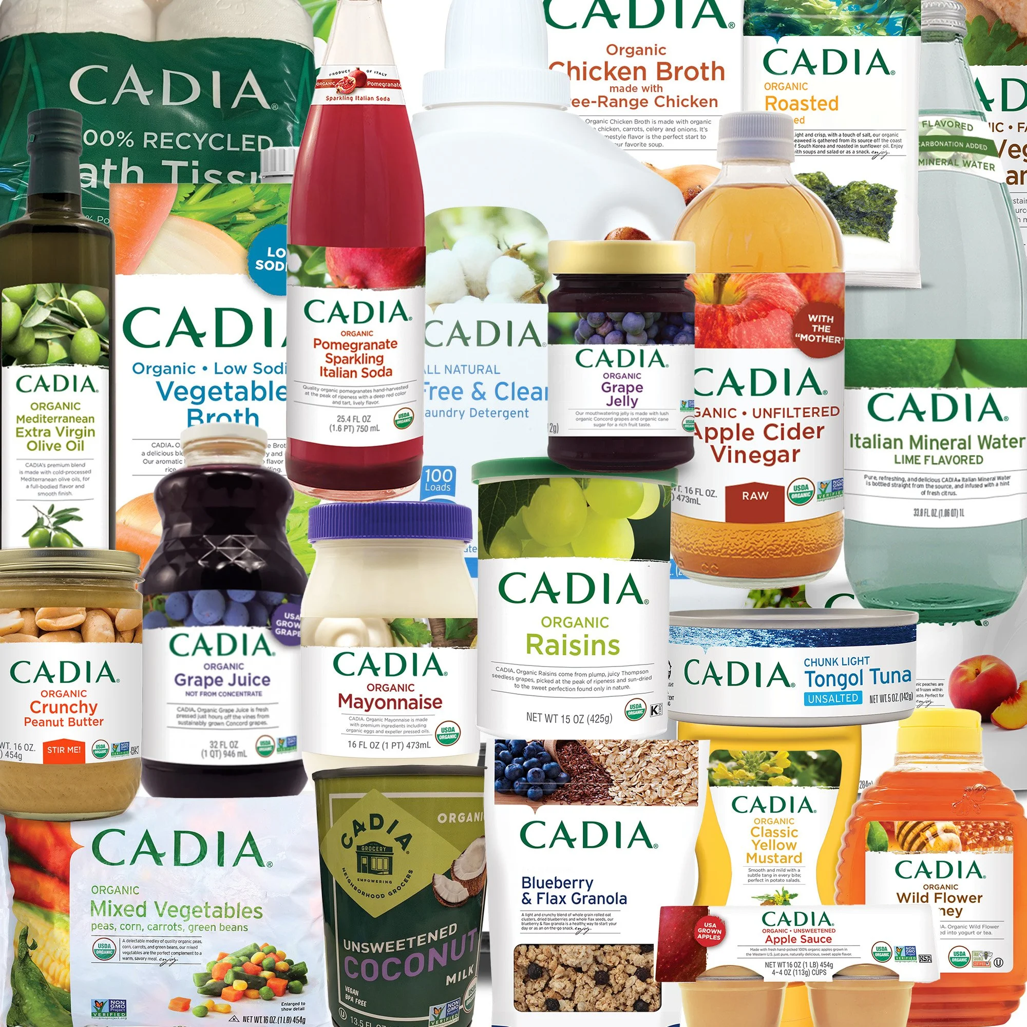 Assortment of food and household products including cereal, snacks, bread, fruit, vegetables, condiments, toiletries, and vitamins.