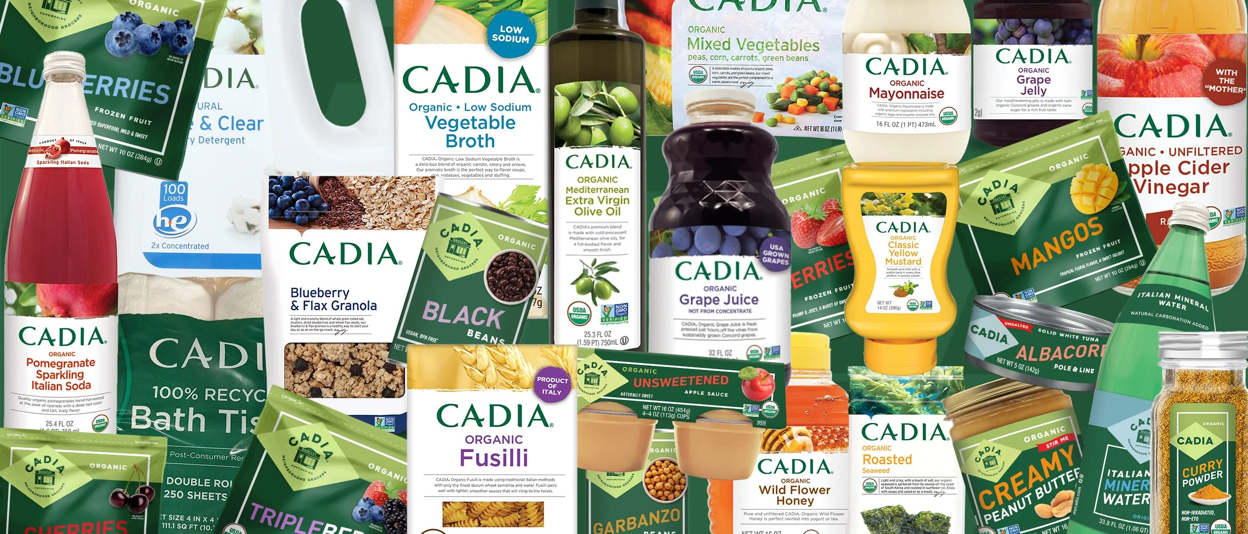 A variety of health food grocery products and household products including cereal, snacks, vegetables, dairy, condiments, hair and body care items, and supplements.