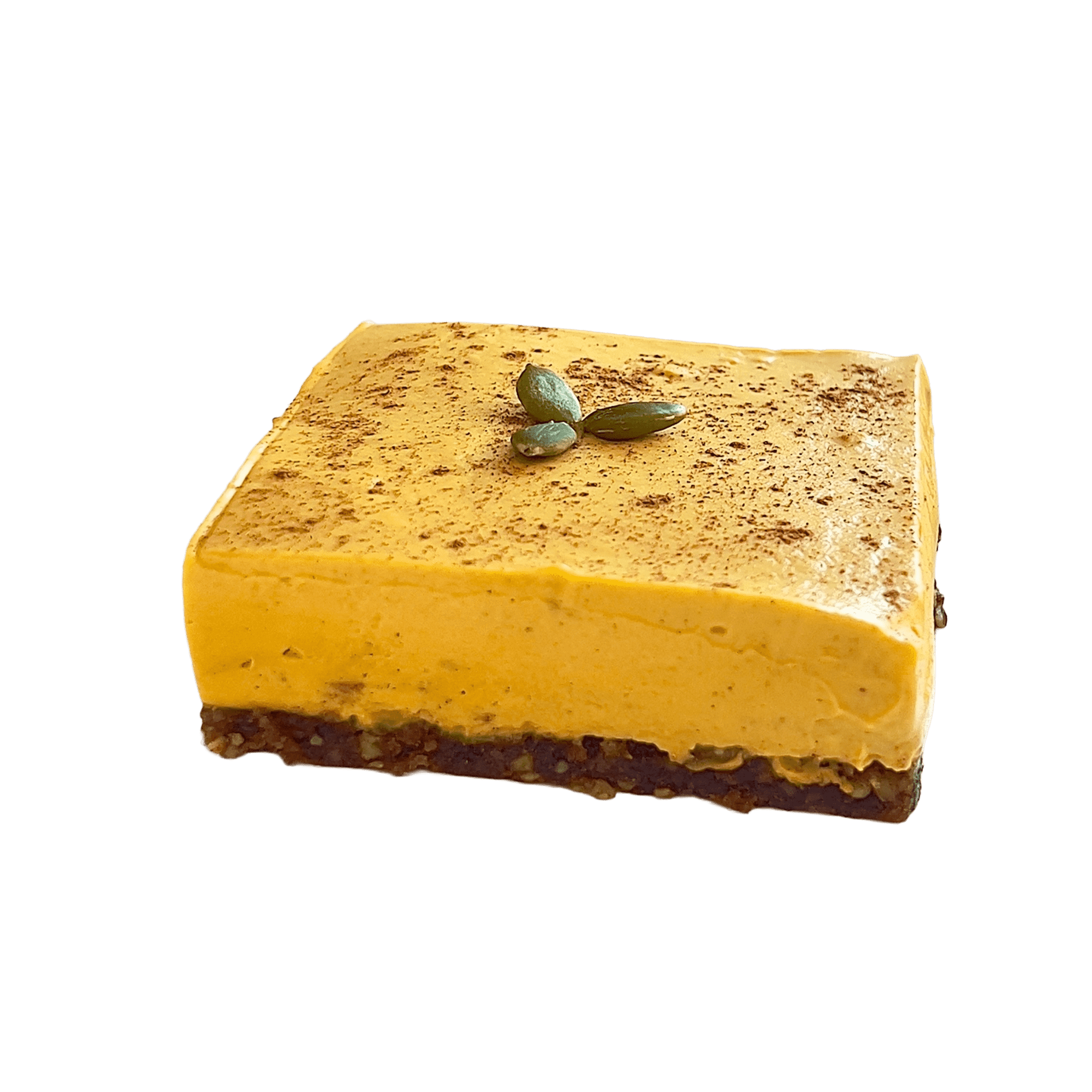 “Raw” Pumpkin Cheesecake:
Base [Organic Pecans, Org. Walnuts, Org. Dates, Cinnamon, Ginger Powder, Himalayan Pink Salt], Pumpkin Cream [Organic Coconut Meat, Org. Pumpkin (not raw), Org. Cashews, Org. Agave, Coconut Oil, Vanilla Extract, Cinnamon, Gi