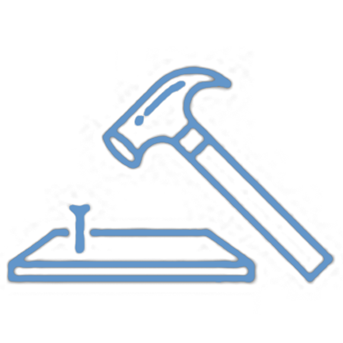 Outline drawing of a hammer hitting a nail into a piece of wood.