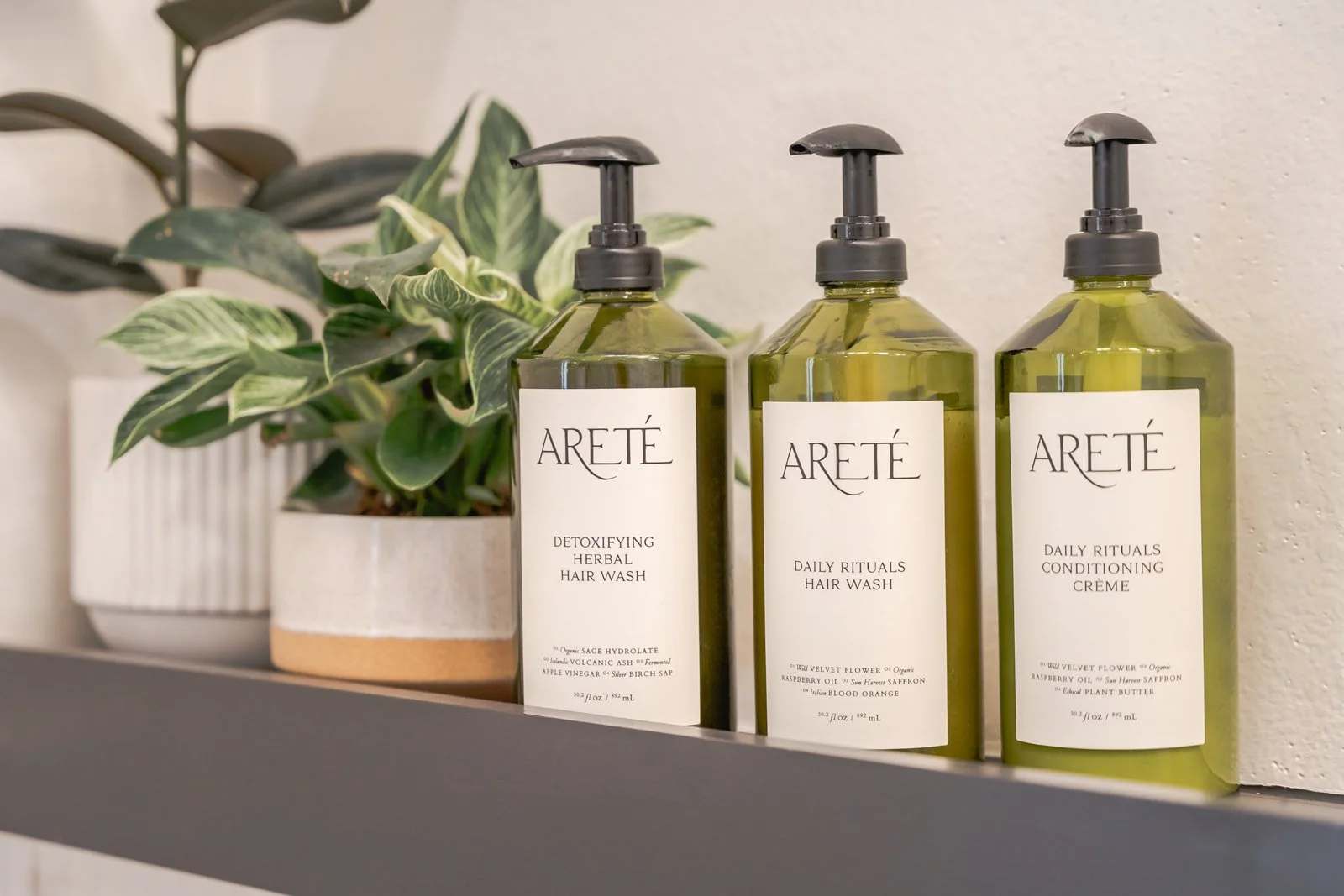 Three bottles of ARETÉ hair care products on a shelf beside a potted plant.
