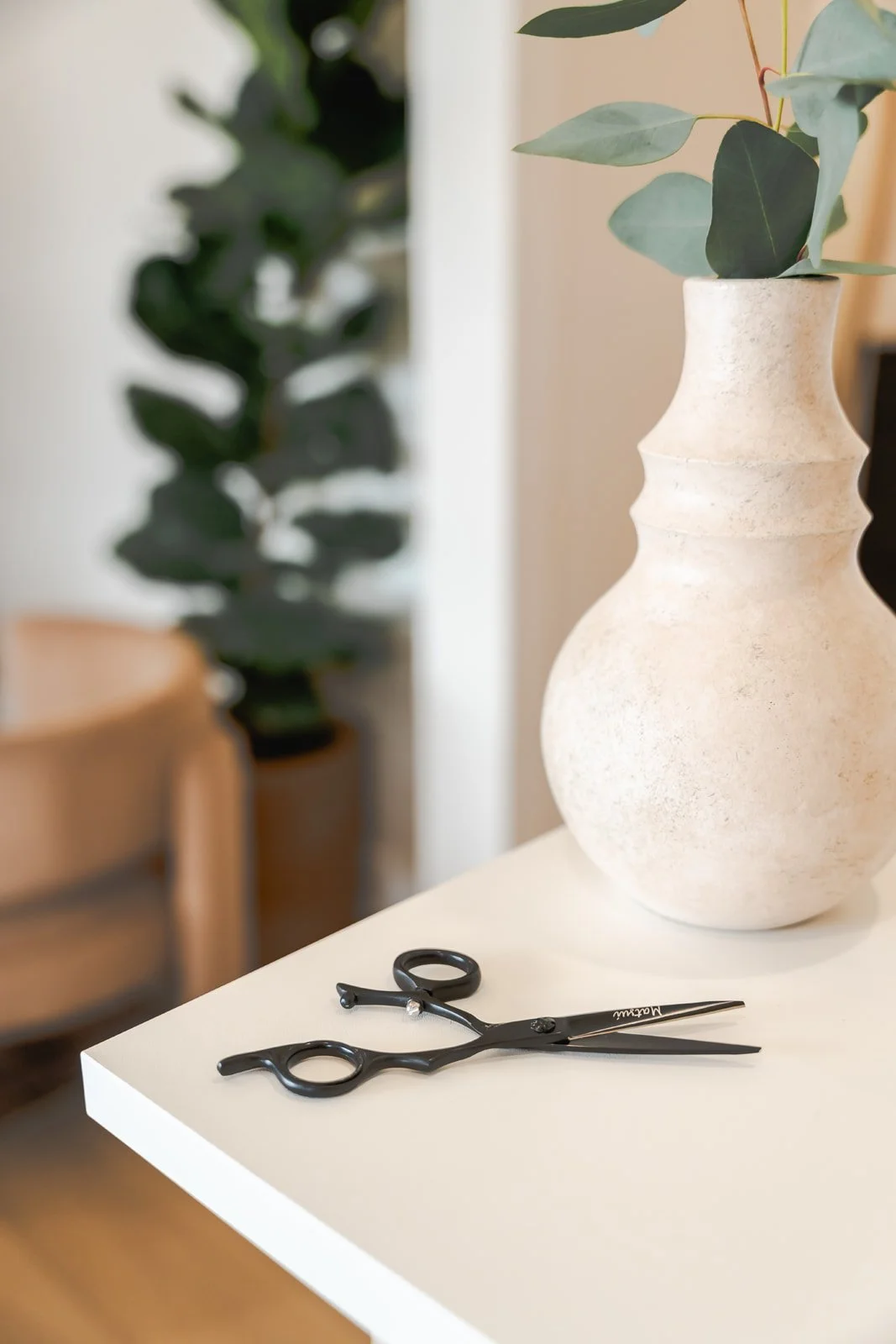 Black hair scissors on a white surface with a white textured vase and green leafy plant in the background.