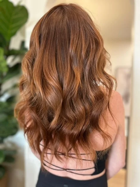 Back view of a woman with long, wavy, reddish-brown hair.
