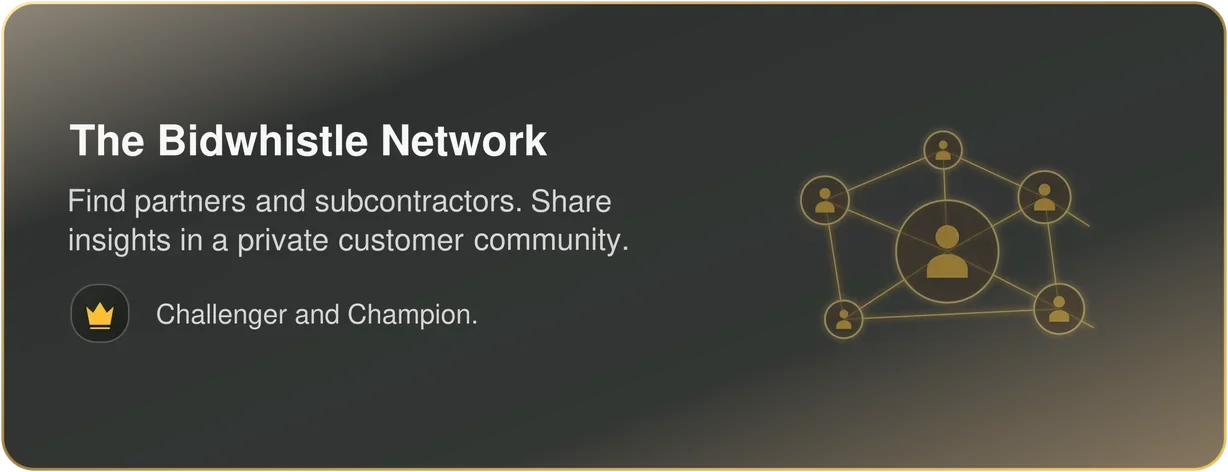 The Bidwhistle Network: find partners and subcontractors, and share insights in a private customer community. Available on Challenger and Champion.