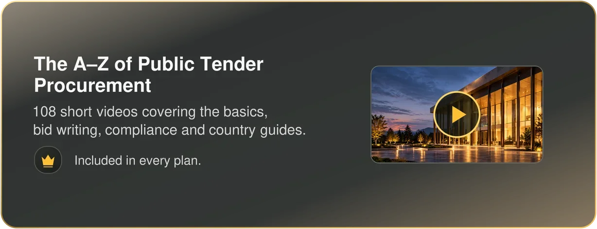 The A to Z of Public Tender Procurement: 108 short videos covering the basics, bid writing, compliance and country guides. Included in every plan.