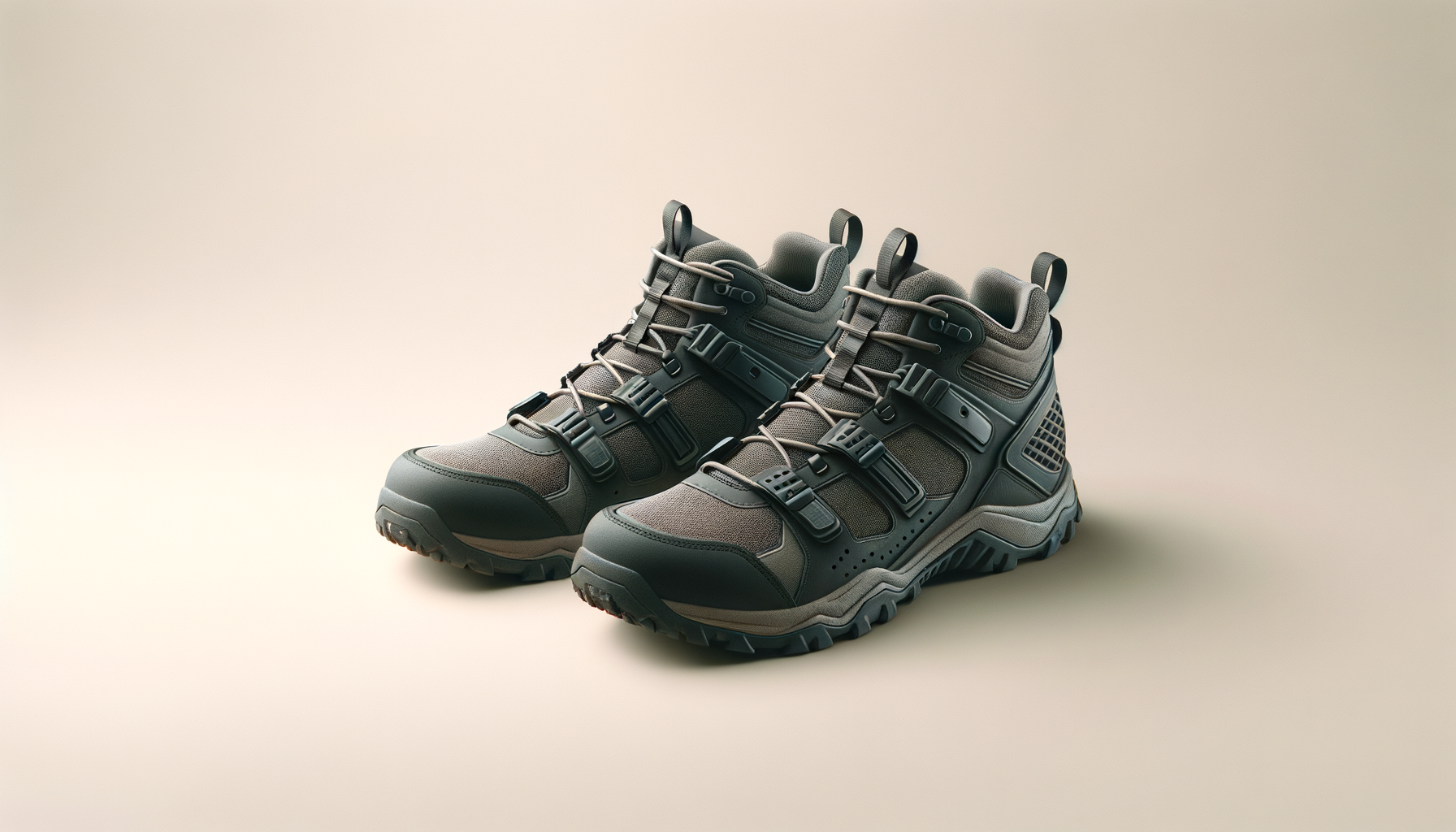 Pair of modern gray hiking boots with black and beige accents on a light background.