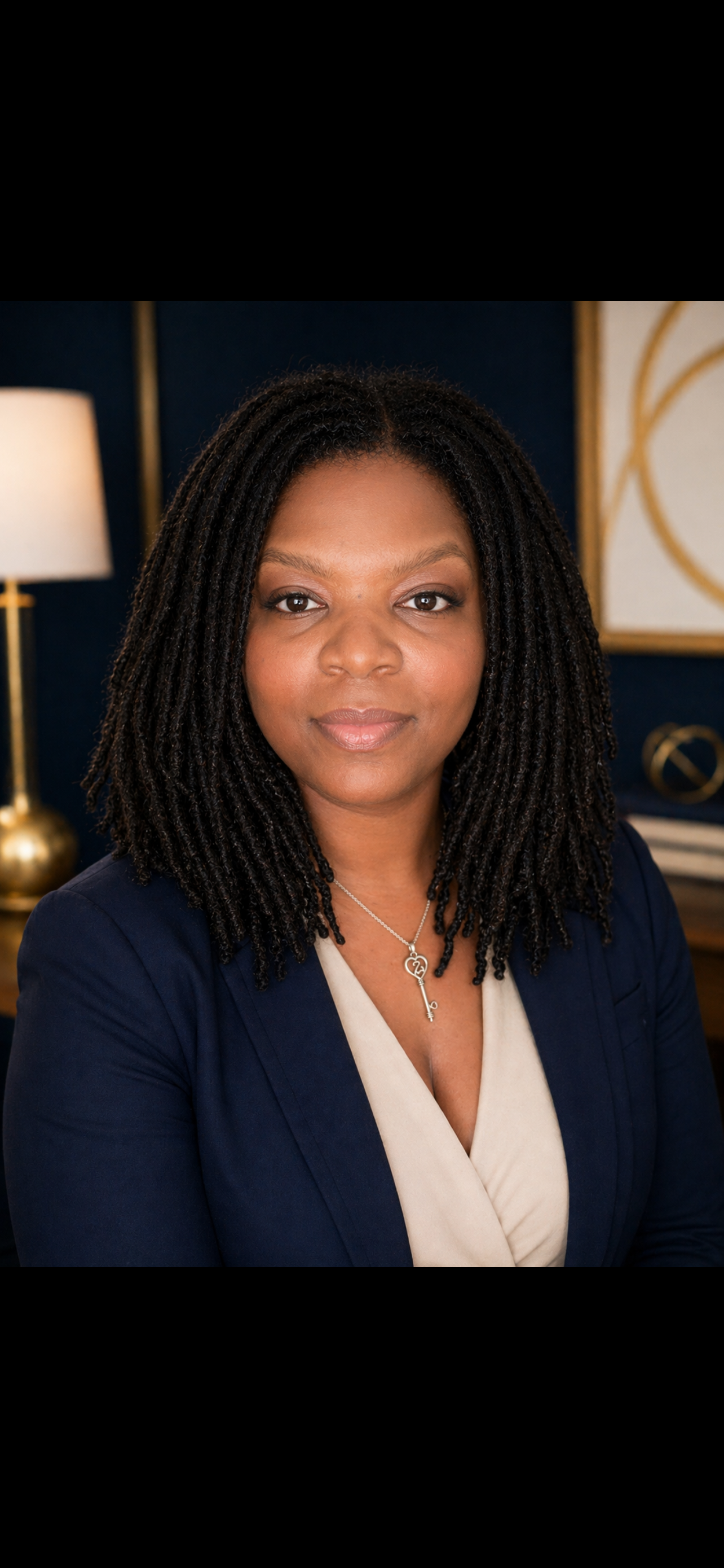 Founder portrait of Candice Quinones in a navy blazer and beige top