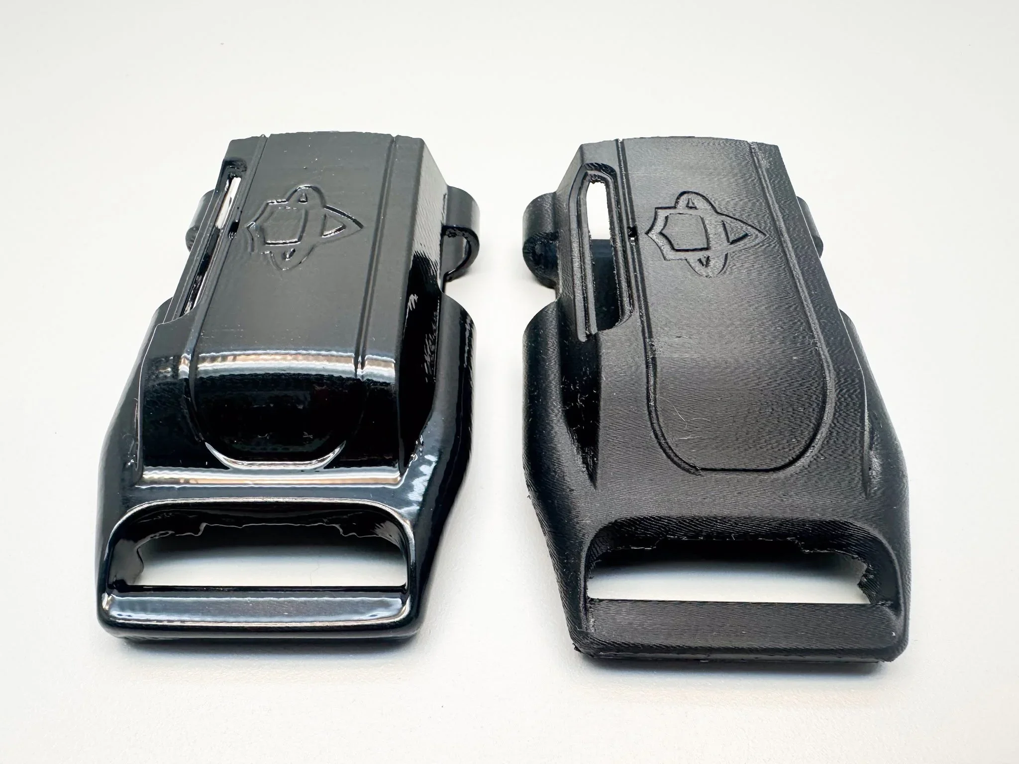 image of 3d printed buckle finished with smoothing on the left and raw on the right