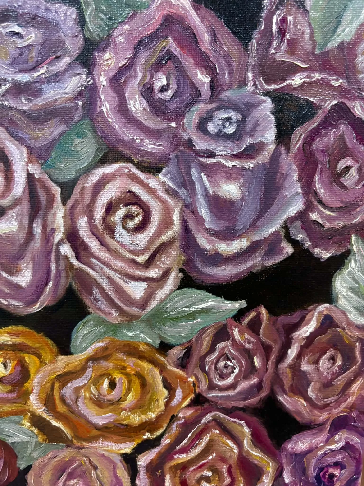 Close-up of a floral painting featuring roses in purple, pink, orange, and green colors with textured brush strokes.