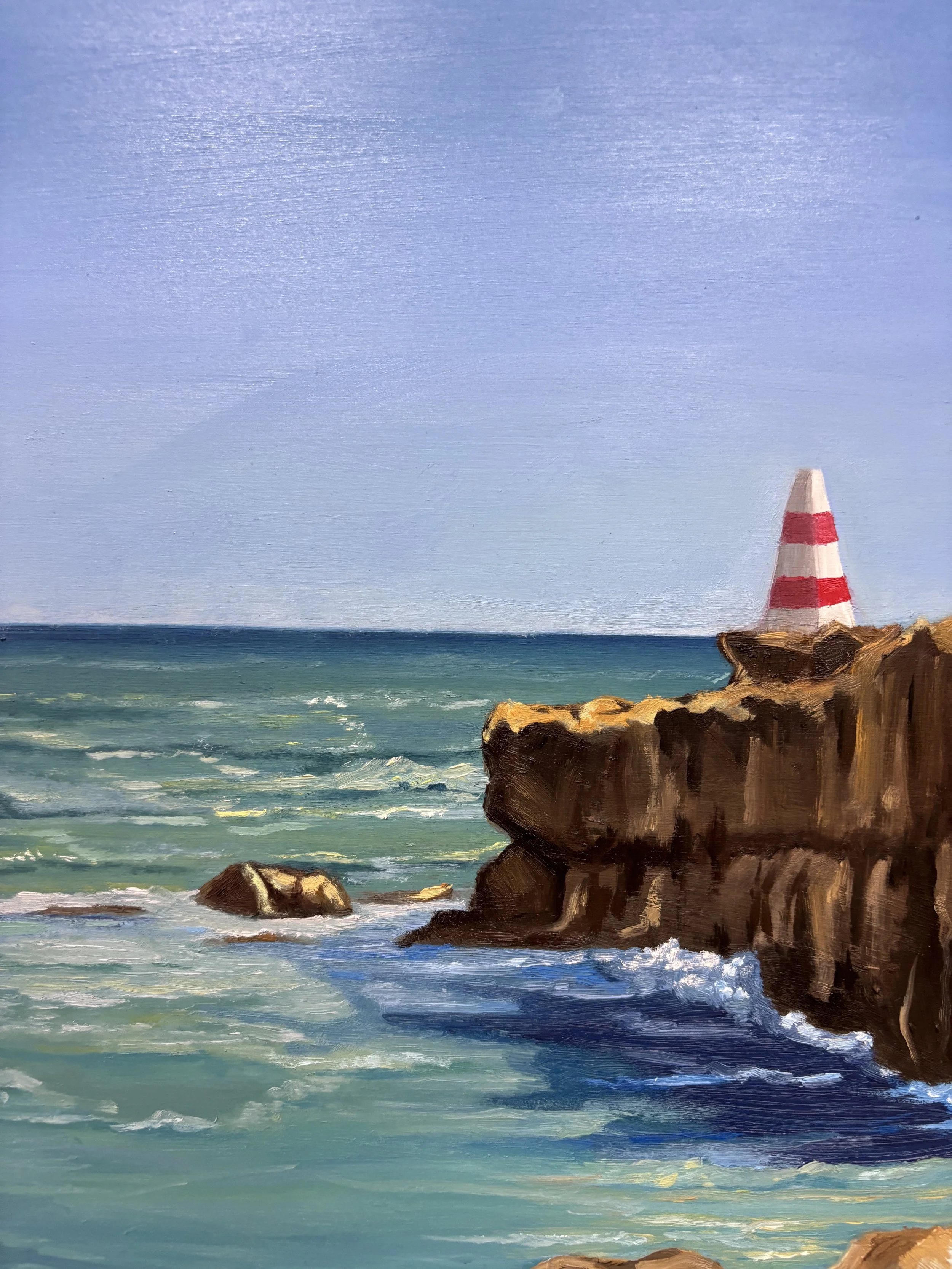 A painting of a seascape with rocky cliffs, a lighthouse with red and white stripes, and calm ocean waves under a clear blue sky.