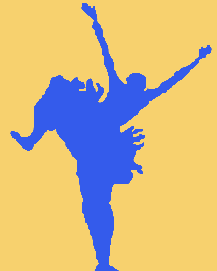 Blue silhouette of a person skydiving against a yellow background.