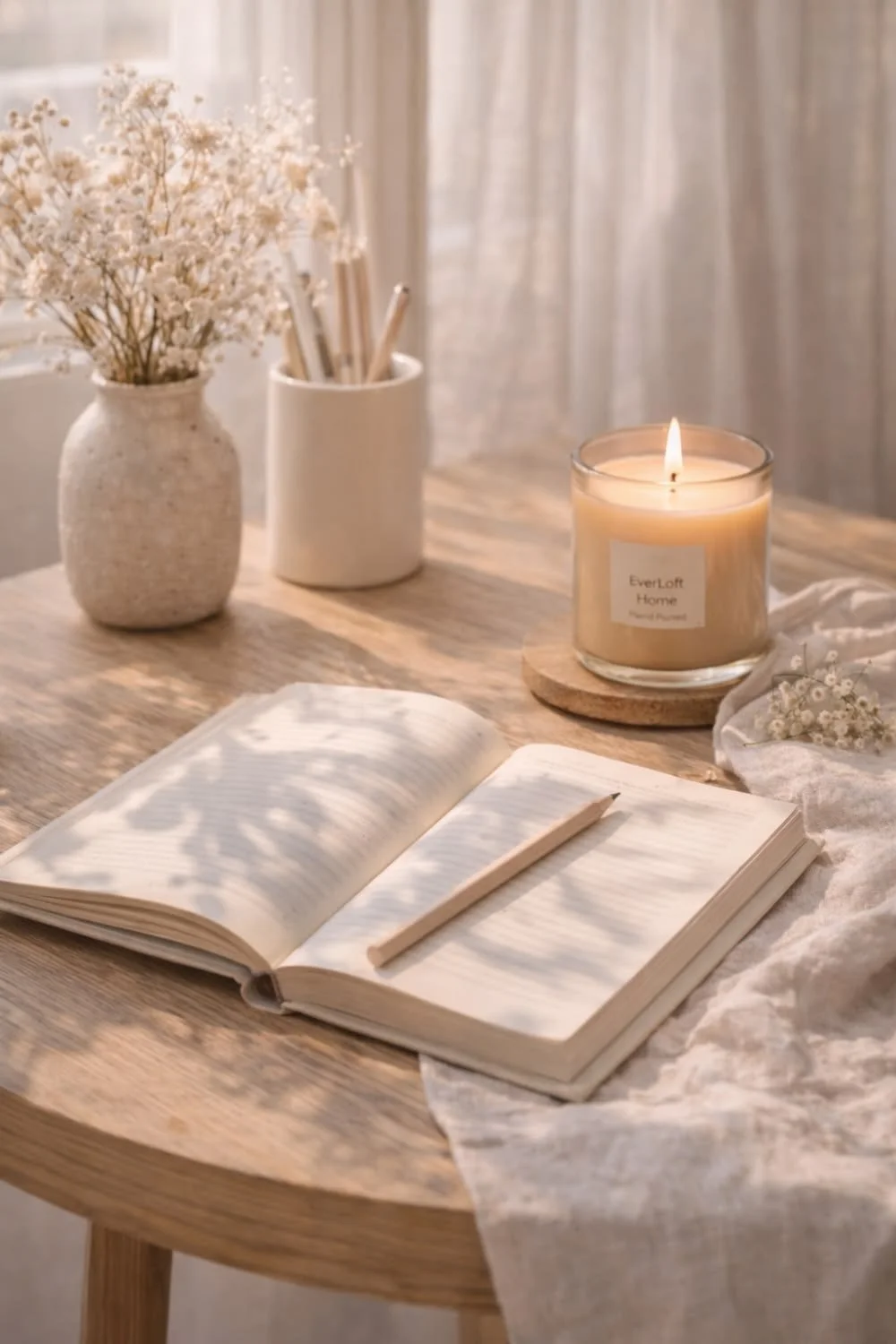 Une table en bois avec un livre ouvert, un stylo en bois dessus, une bougie allumée et des fleurs blanches dans un vase, ambiance chaleureuse et lumineuse.