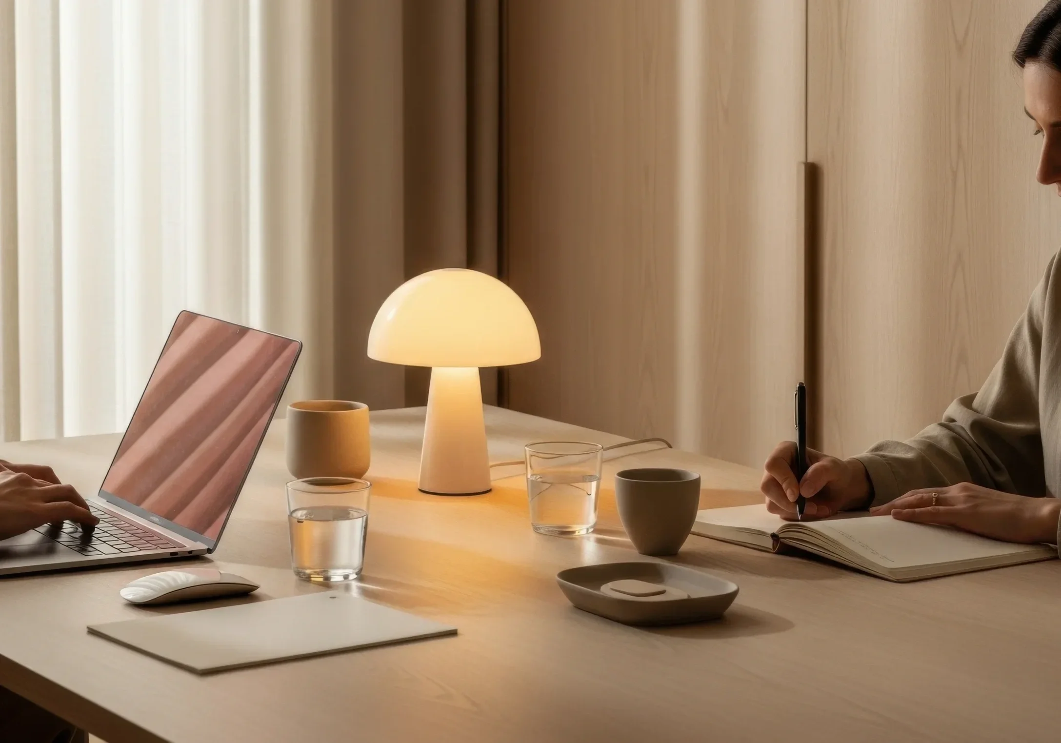 Deux personnes travaillent à une table avec un ordinateur portable, une lampe de bureau, des tasses, des verres d'eau, un cahier, une souris et un plateau, dans une pièce lumineuse.