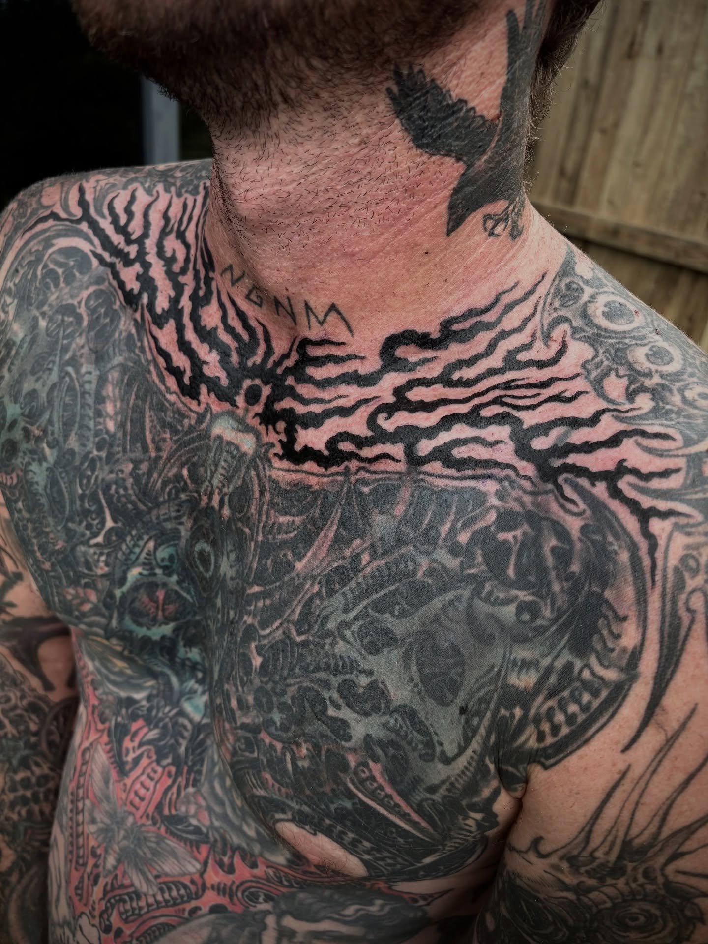 Some flames for Robbie, thanks man :) Chest and shoulders by @tarek_dem &bull; for bookings from late Feb DM or email me - thomastattooing@gmail.com -