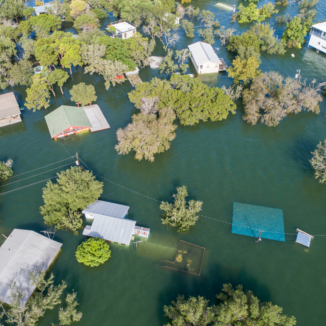 Aerial view of a neighborhood flooded, with water covering homes, yards, and trees.