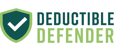 Logo with a shield containing a white checkmark next to the words 'Deductible Defender' in green and dark teal font.