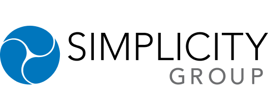 Simplicity Group logo with a blue circular emblem and black text.