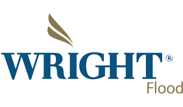 Wright Flood logo with blue text and tan and black accents