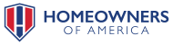 Logo of Homeowners of America with blue and red shield design.