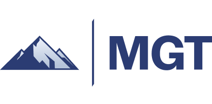 A mountain logo in blue with the letters 'MGT' next to it.
