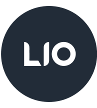 LIO logo in black on a dark gray circular background