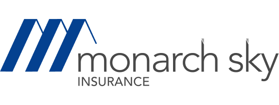 Monarch Sky Insurance logo with three blue diagonal lines and black text.