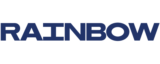 The word 'RAINBOW' in bold, blue uppercase letters on a black background.