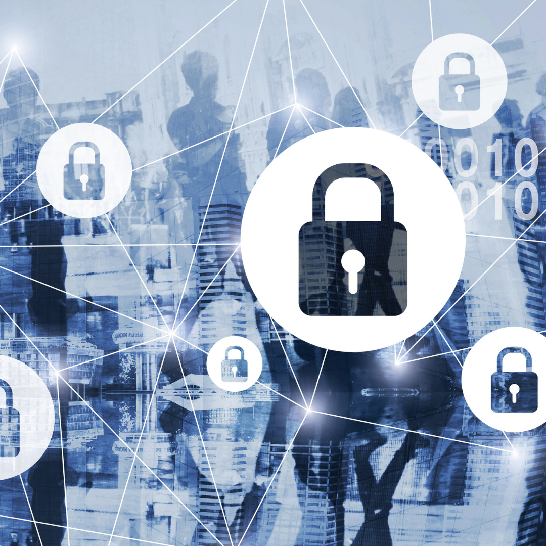 A digital illustration representing cybersecurity with multiple padlock icons interconnected over a background of city buildings and people, symbolizing secure digital networks.
