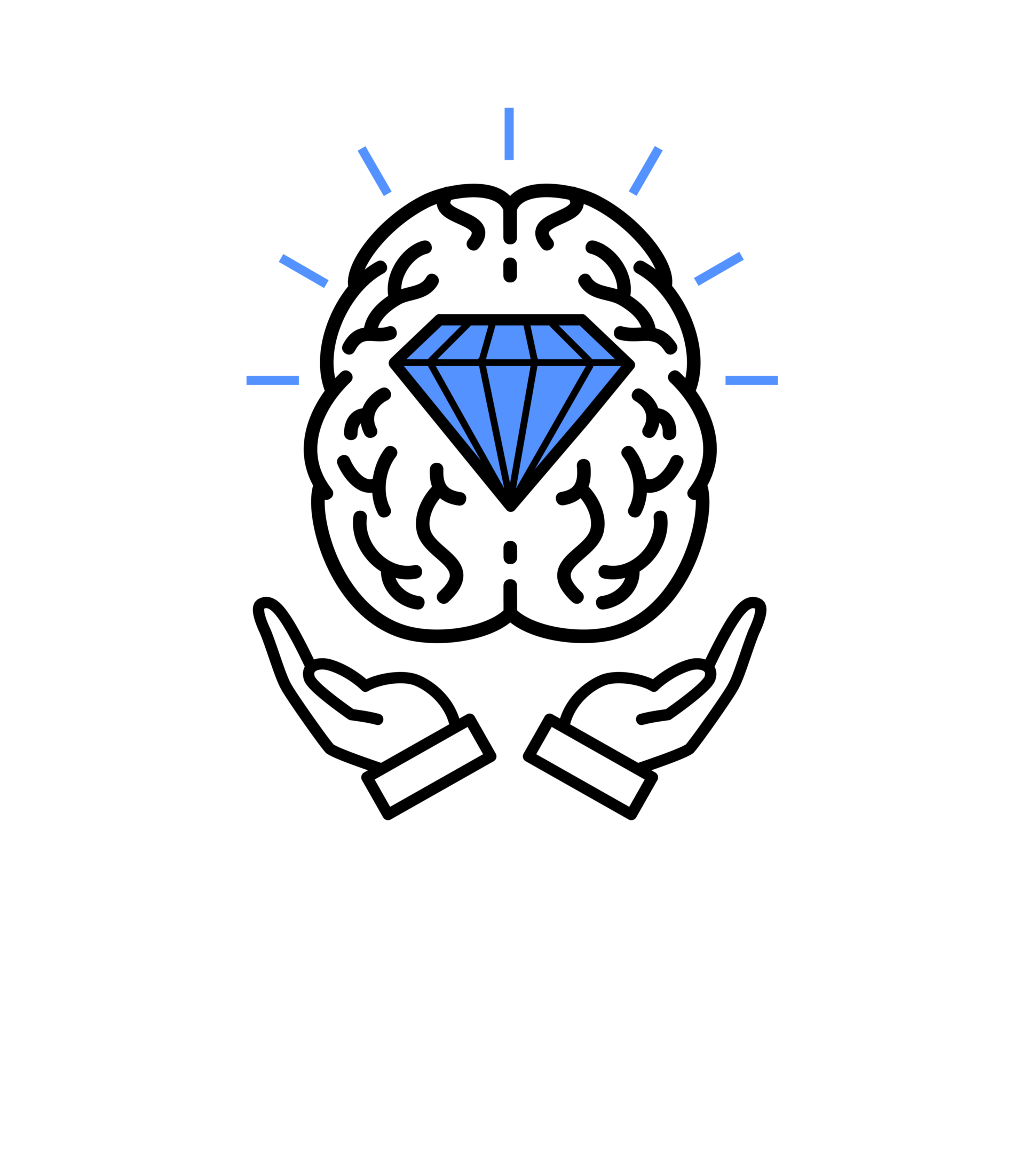 A logo featuring a brain with a blue diamond shape at the center, flanked by two stylized hands underneath, with light blue radiating lines around the brain. Below, there is text that reads "A Beautiful Mind" and "Where Mental Health Begins".