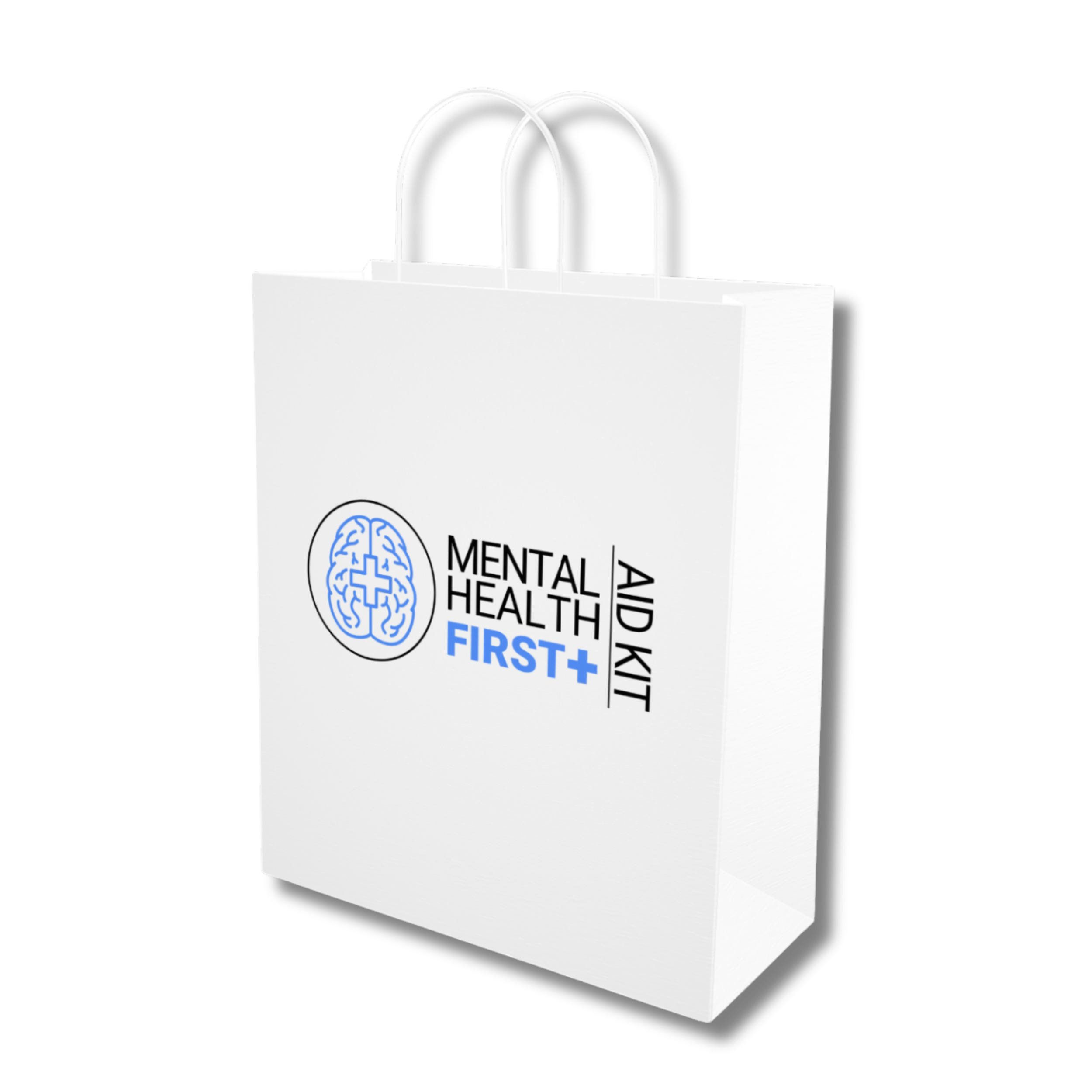 White paper bag with a blue mental health first aid logo on the front against a black background.