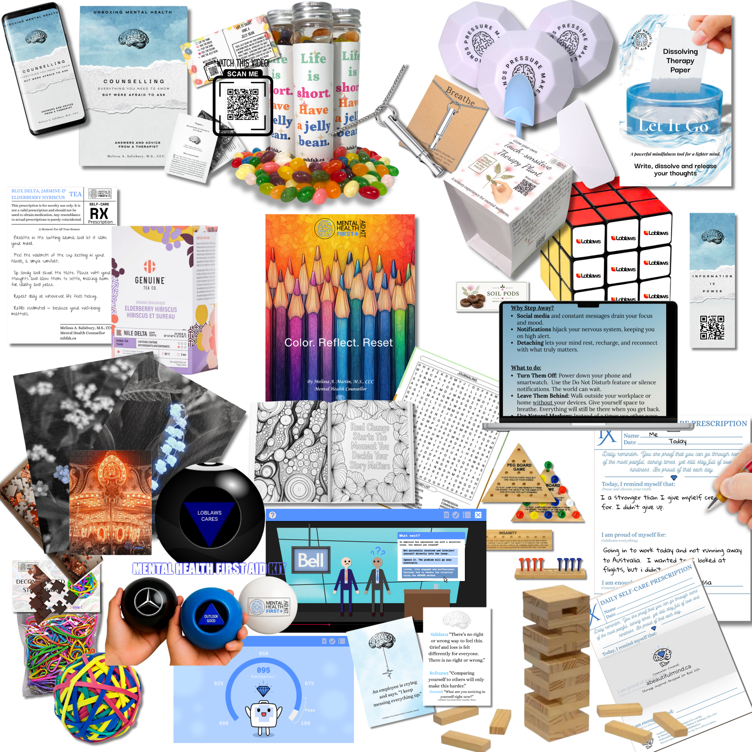 A collection of items related to mental health and wellness, including counseling books, a QR code for a video, jars of jelly beans, colorful rubber bands, a cube with logos, stress balls, a Jenga game, a therapeutic paper, a coloring page, a mind map, and self-care reminder notes.