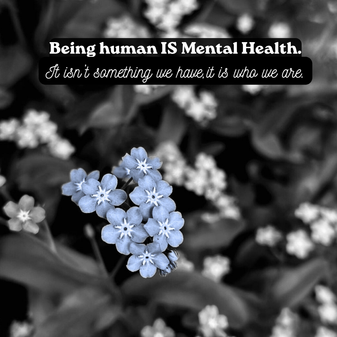 Black and white photo of flowers with a blue tint, with an overlay of text reading 'Being human IS Mental Health. It isn't something we have, it is who we are.'
