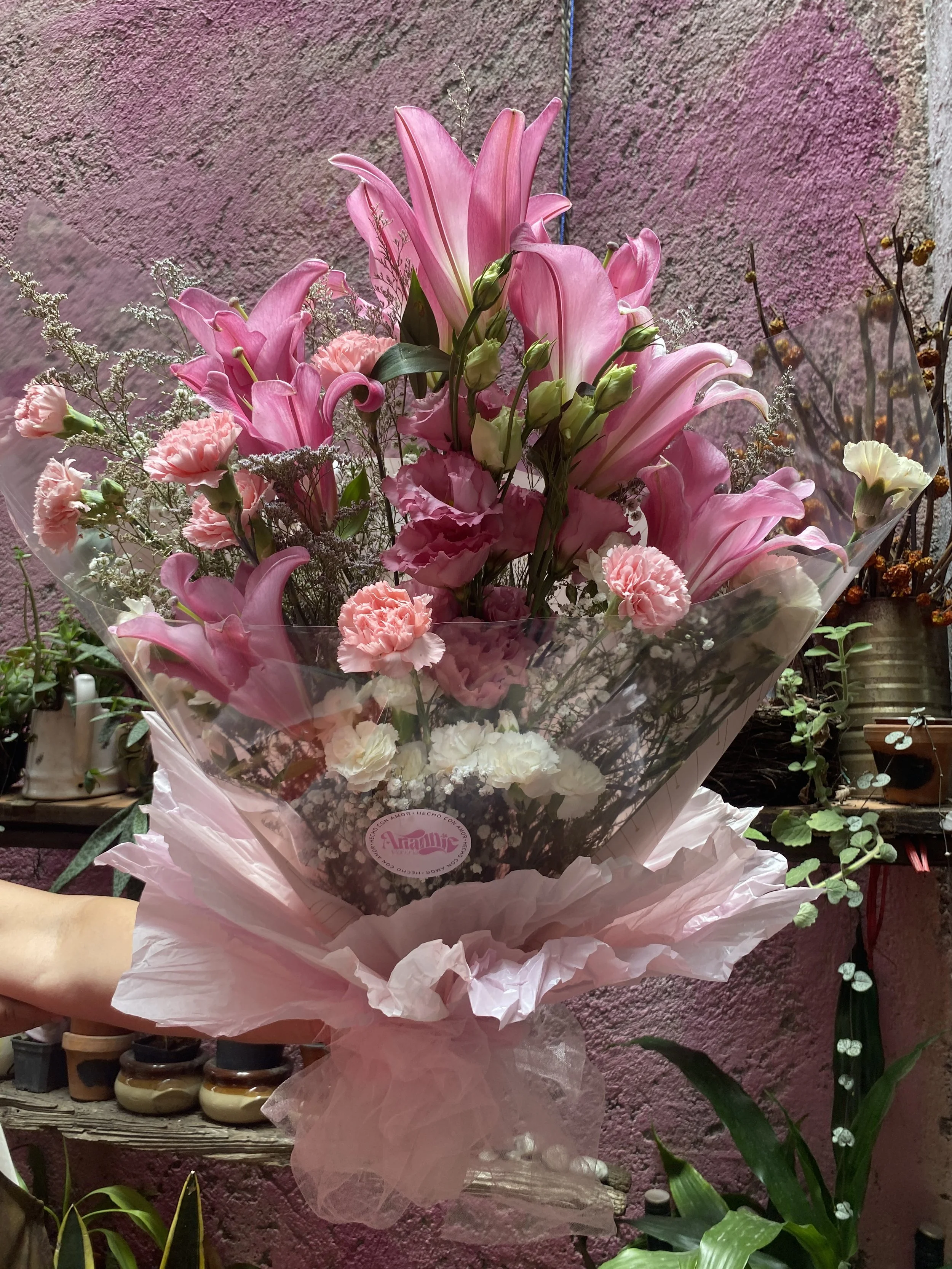 A bouquet of pink lilies, pink carnations, and white flowers wrapped in pink tissue paper is held in front of a pink textured wall with various potted plants and decor.