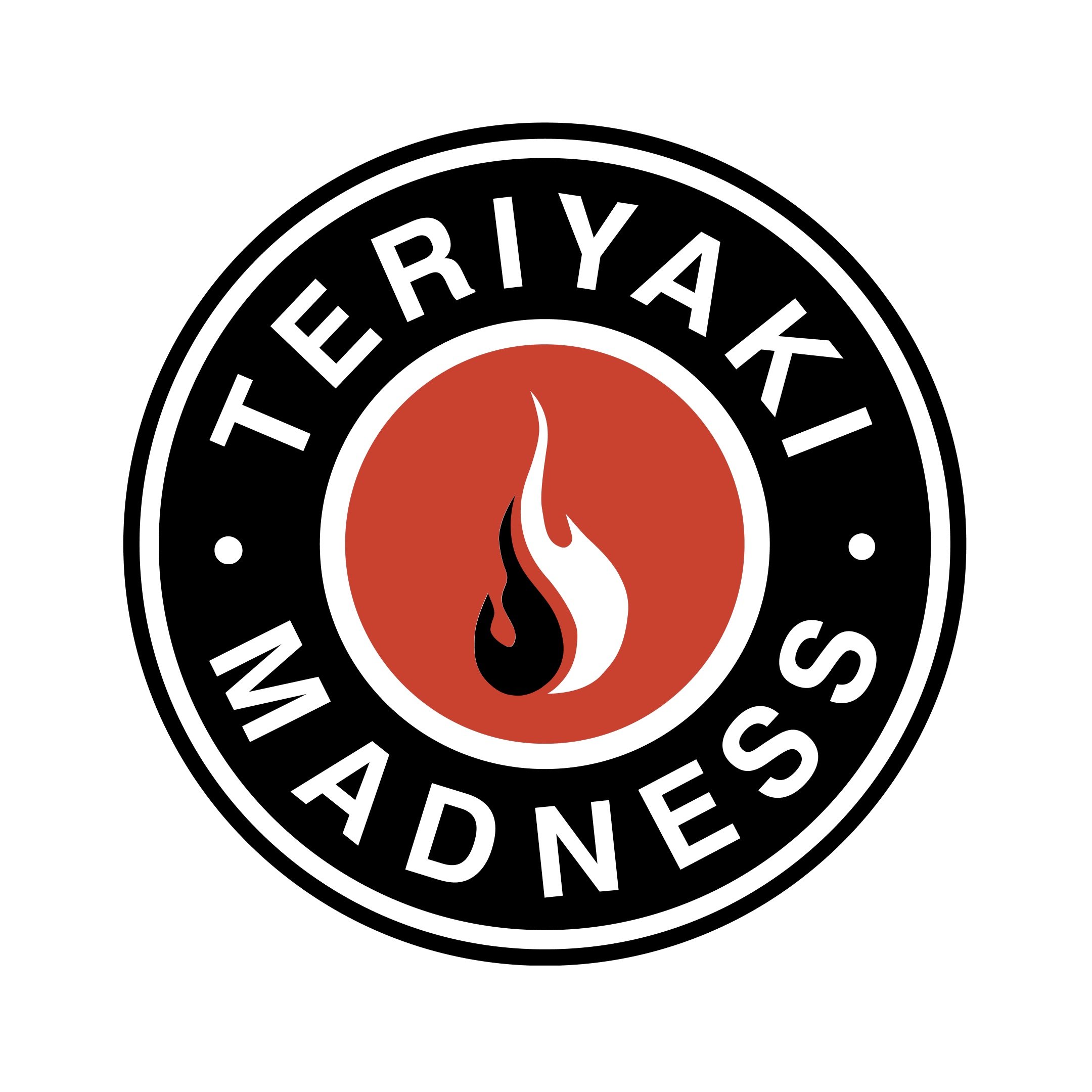 Logo for Teri Yakim Madness featuring a black circle with white text and a red center containing black and white flame icons.