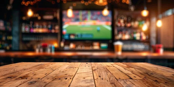A wooden table in the foreground with a bar and television screen in the background showing a sports game, possibly baseball, in a dimly lit setting.