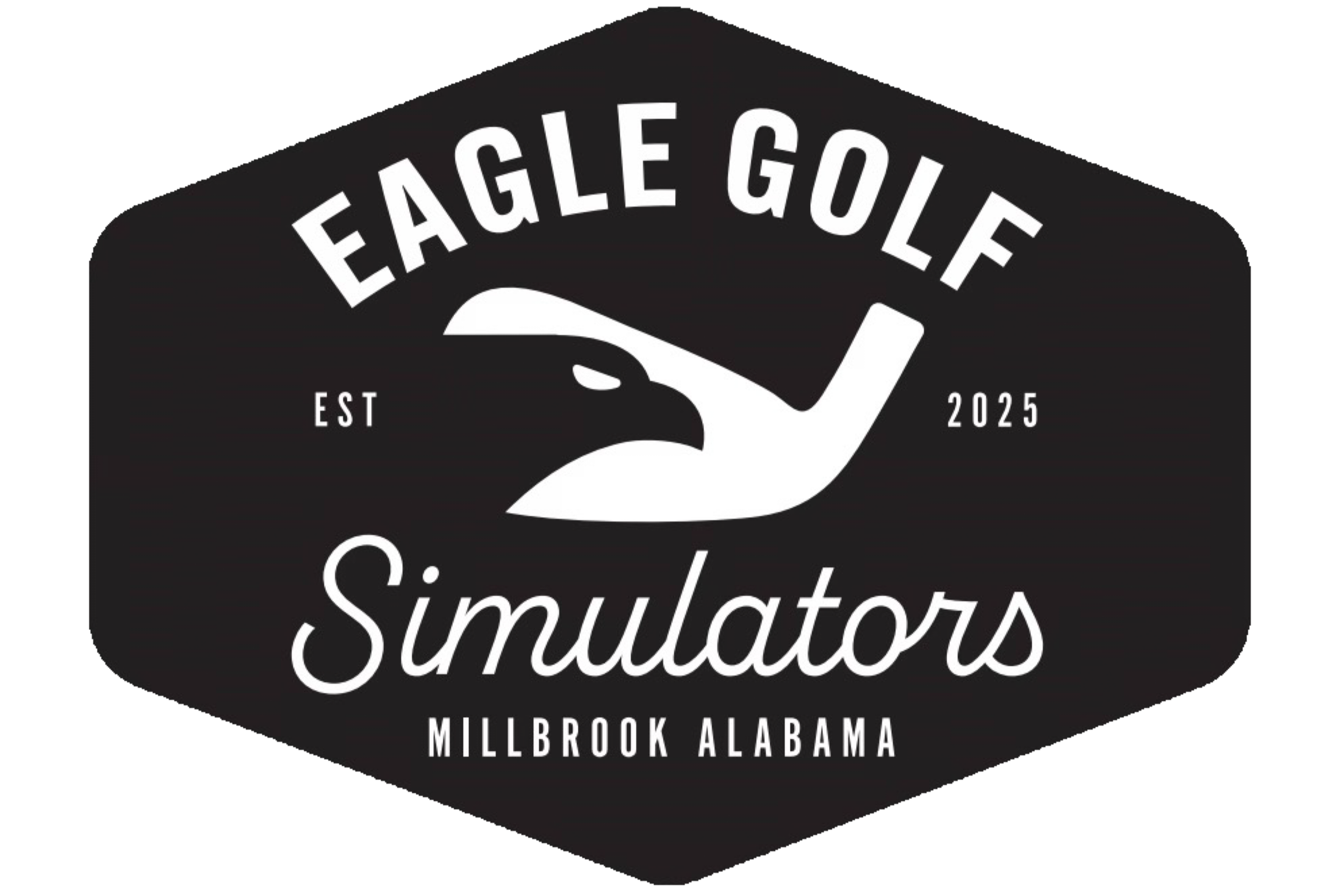 Logo featuring a stylized eagle head in black and white with the text 'Eagle Golf Simulators,' 'Est 2025,' and 'Millbrook Alabama'.