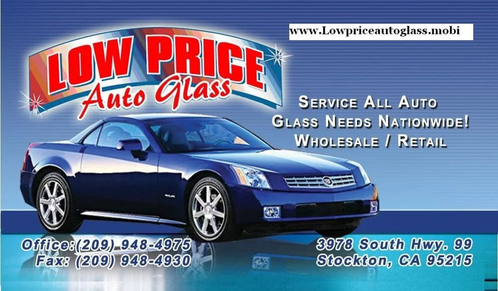 Advertisement for Low Price Auto Glass featuring a blue sports car against a blue background. Includes website URL, service for auto glass needs nationwide, and contact information in Stockton, California.
