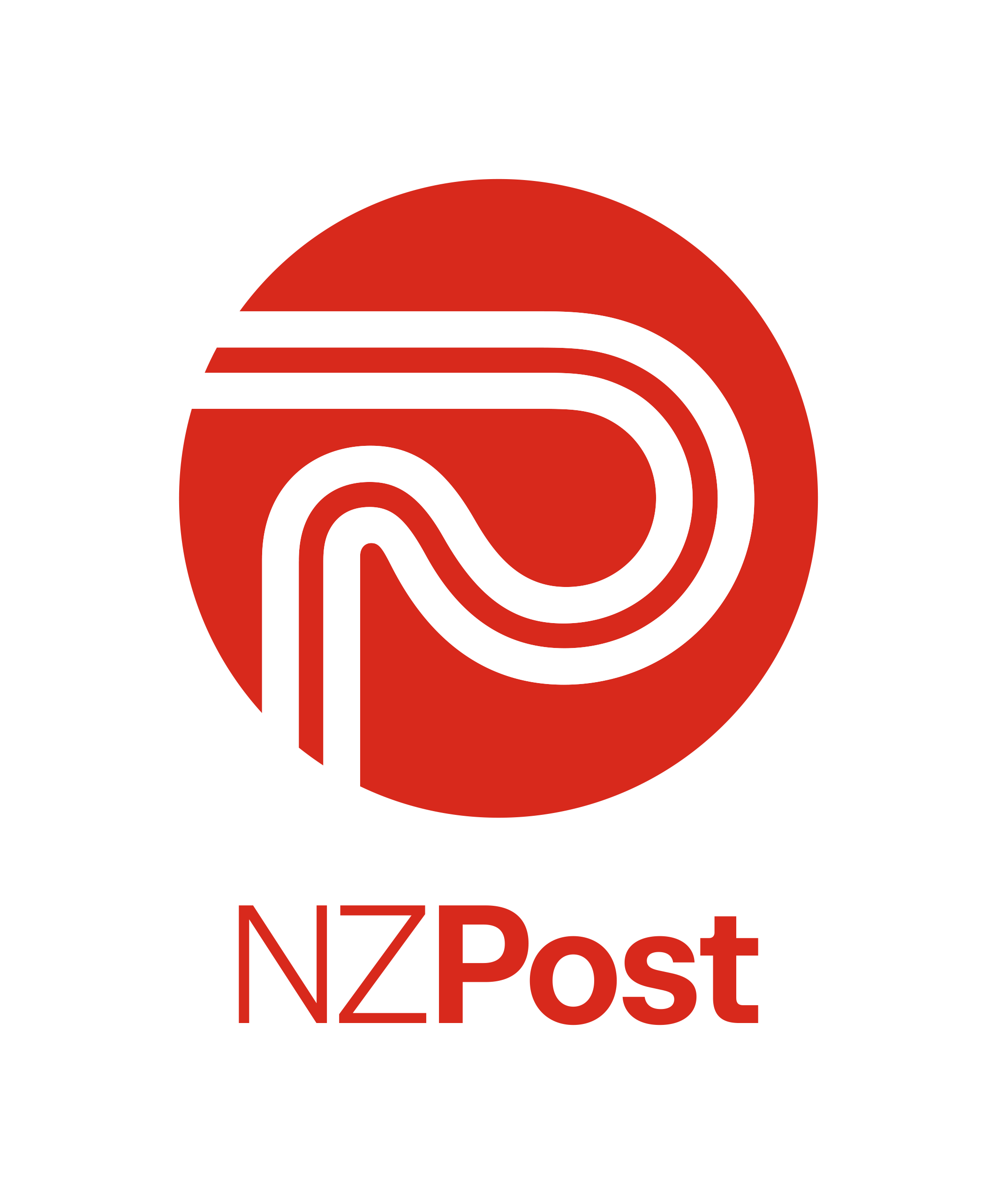 Logo for NZ Post featuring a red circle with a white stylized post courier symbol and 'NZPost' text below.