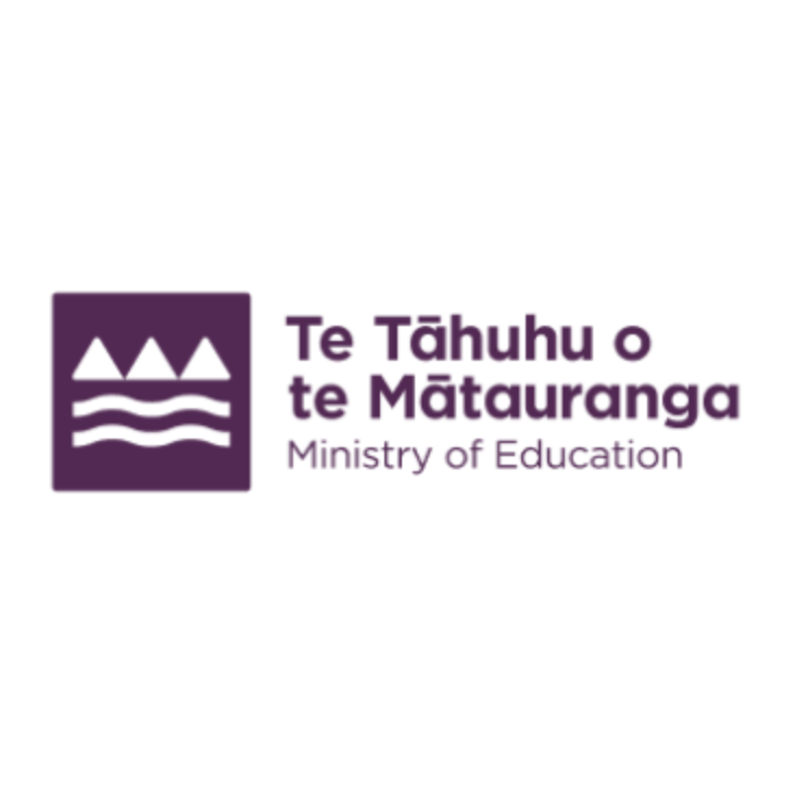 Logo of the Ministry of Education featuring a purple square with stylized white triangular mountains and wavy lines, alongside text in Māori and English.