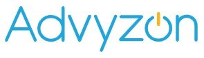 The logo of Advyzon, featuring the company name in blue with a yellow power button icon replacing the 'o'.