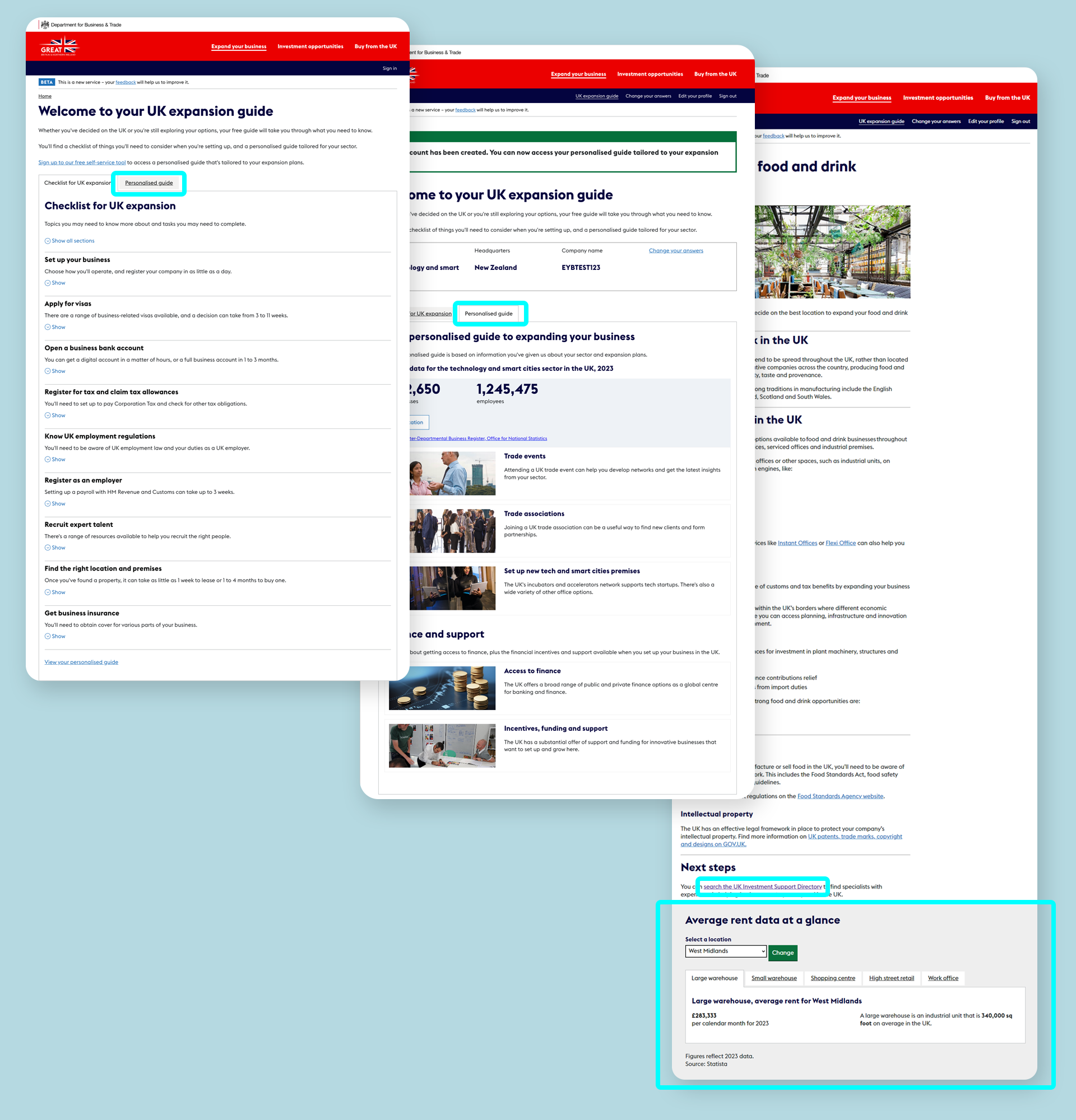 3 older screenshots of Expand your business in the UK