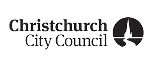 Logo of Christchurch City Council, featuring text and a stylized depiction of the ChristChurch Cathedral spire with a circular background.