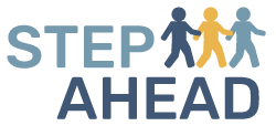 Logo with the words 'STEP AHEAD' and three stylized human figures walking, with the middle figure in yellow and the others in blue.
