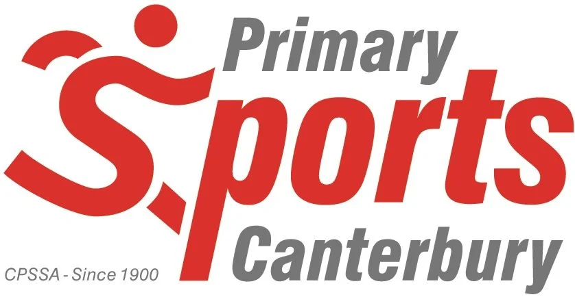 Logo for Primary Sports Canterbury featuring a stylized red figure with a dot above it, and the words "Primary Sports Canterbury" with "Sports" in large red letters and the rest in gray, along with the text "CPSSA - Since 1900."