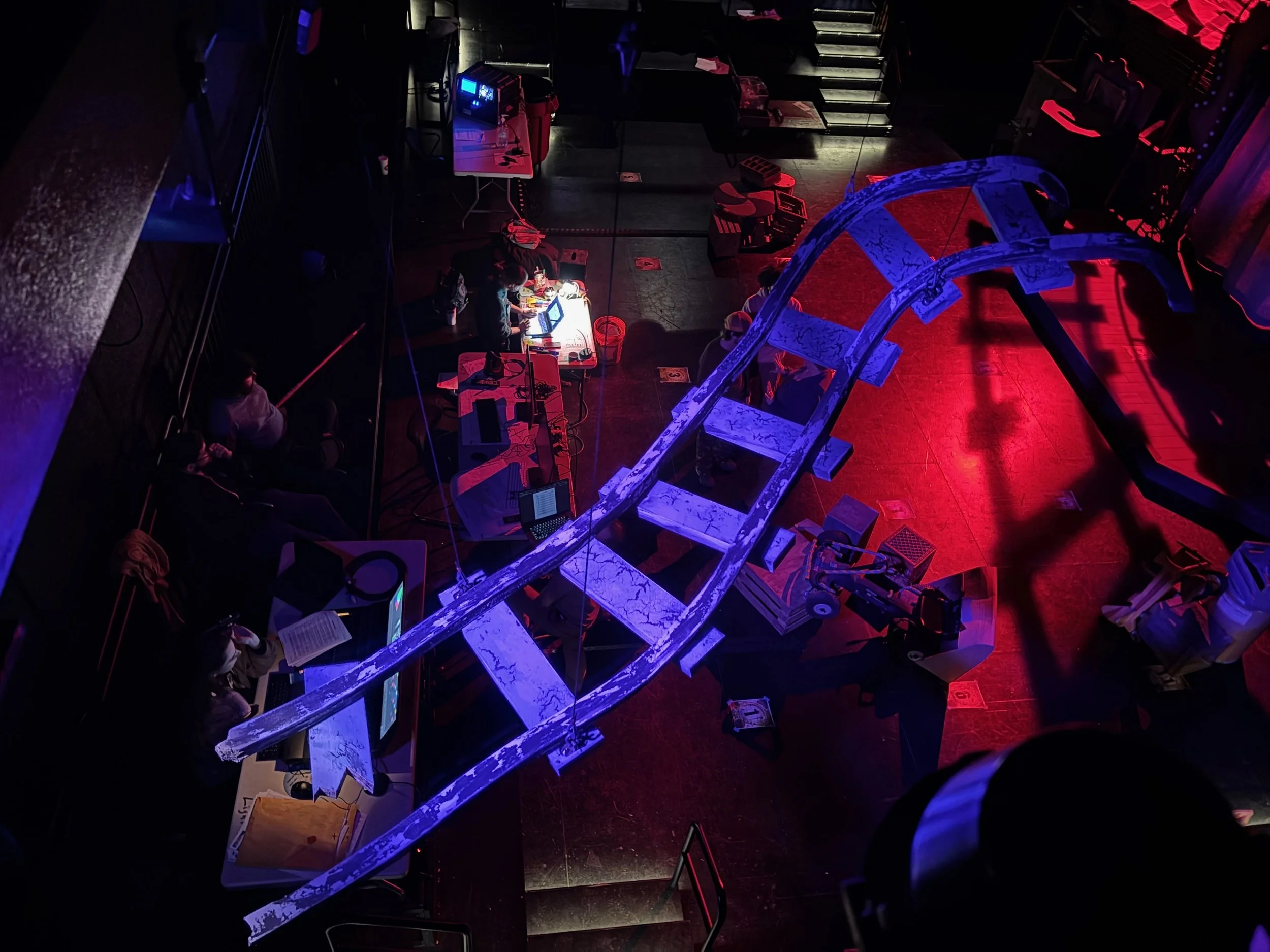 View of the track section over the audience from the catwalk