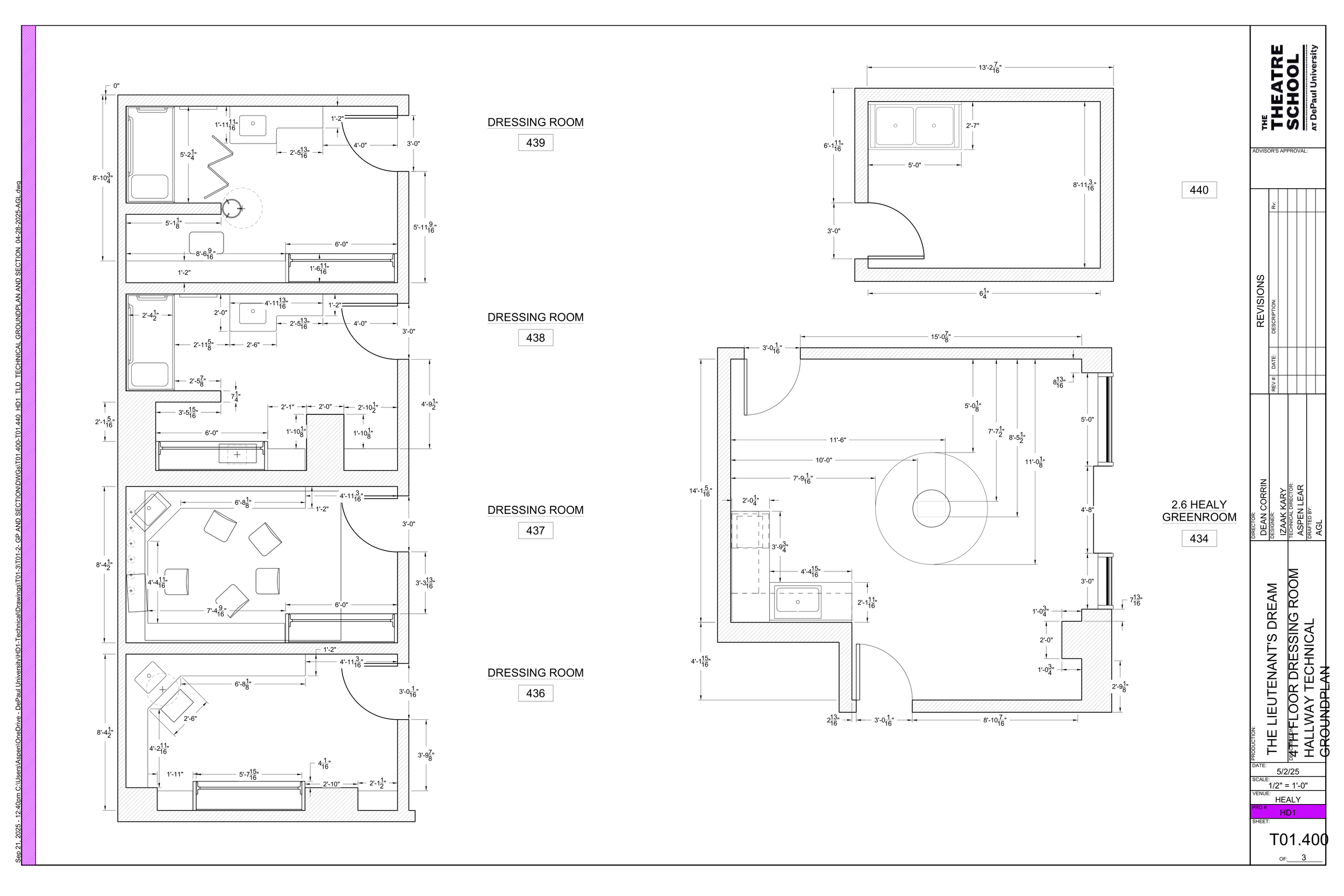 Groundplans for the unconventional spaces on the 4th floor of The Theatre School, including props run room, dressing rooms, and green room.